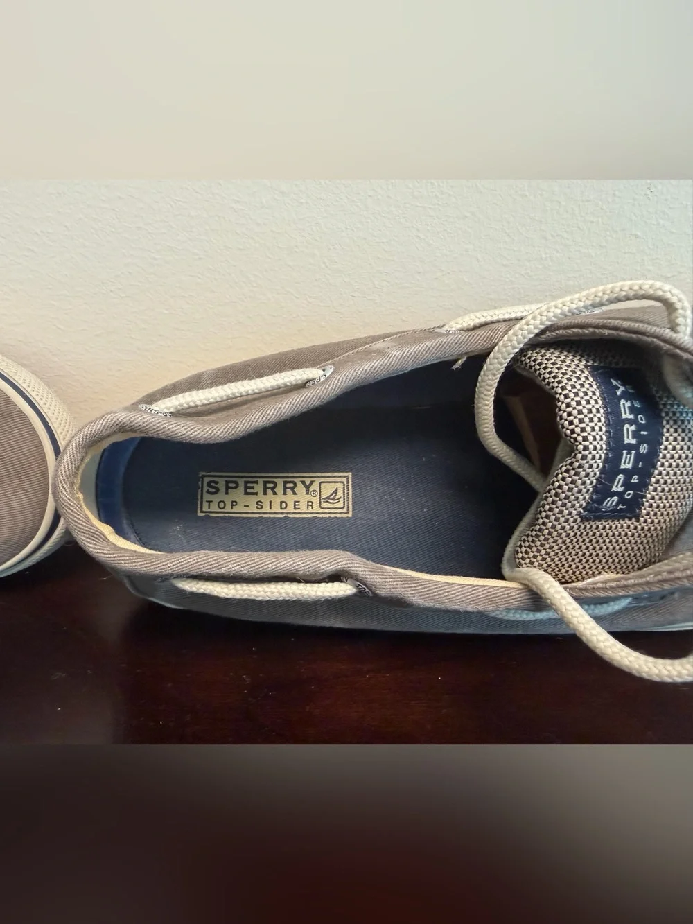 Sperry Taupe Canvas 2-Eye Boat Shoes with Blue Insole